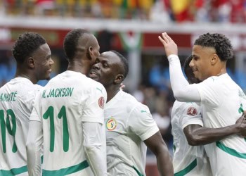Nicolas Jackson of Senegal celebrates goal with teammate Sadio Mane during the 2025 Africa Cup of Nations AFCON match between Senegal and Botswana at the Grand Stadium Tangier in Tangier, Morocco on 23 December 2025 ©Gavin Barker/BackpagePix