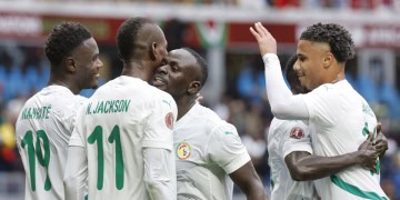 Nicolas Jackson of Senegal celebrates goal with teammate Sadio Mane during the 2025 Africa Cup of Nations AFCON match between Senegal and Botswana at the Grand Stadium Tangier in Tangier, Morocco on 23 December 2025 ©Gavin Barker/BackpagePix