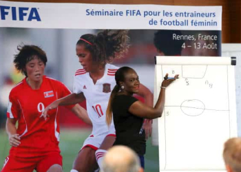 RENNES, FRANCE - AUGUST 10: Referee Instructor Fatou Gaye speaks during a coaching workshop on August 10, 2018 in Rennes, France. (Photo by Catherine Ivill - FIFA/FIFA via Getty Images)
