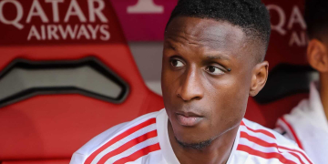 MUNICH, GERMANY - AUGUST 27: Bouna Sarr of Bayern Muenchen sits on the bench prior to the Bundesliga match between FC Bayern München and Borussia Mönchengladbach at Allianz Arena on August 27, 2022 in Munich, Germany. (Photo by Roland Krivec/DeFodi Images via Getty Images)