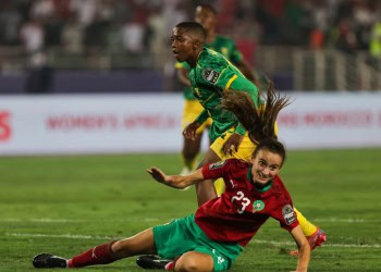 Morocco's forward Rosella Ayane reacts after a missed chance during the 2022 Women's Africa Cup of Nations final football match between Morocco and South Africa at the Prince Moulay Abdellah Stadium in Rabat on July 23, 2022. (Photo by Fadel SENNA / AFP) (Photo by FADEL SENNA/AFP via Getty Images)