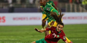 Morocco's forward Rosella Ayane reacts after a missed chance during the 2022 Women's Africa Cup of Nations final football match between Morocco and South Africa at the Prince Moulay Abdellah Stadium in Rabat on July 23, 2022. (Photo by Fadel SENNA / AFP) (Photo by FADEL SENNA/AFP via Getty Images)