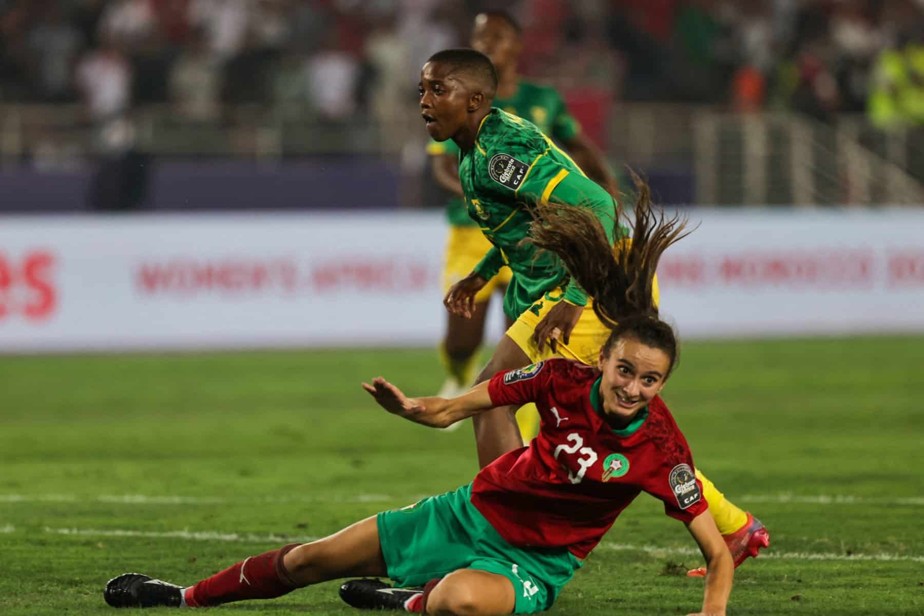 Morocco's forward Rosella Ayane reacts after a missed chance during the 2022 Women's Africa Cup of Nations final football match between Morocco and South Africa at the Prince Moulay Abdellah Stadium in Rabat on July 23, 2022. (Photo by Fadel SENNA / AFP) (Photo by FADEL SENNA/AFP via Getty Images)