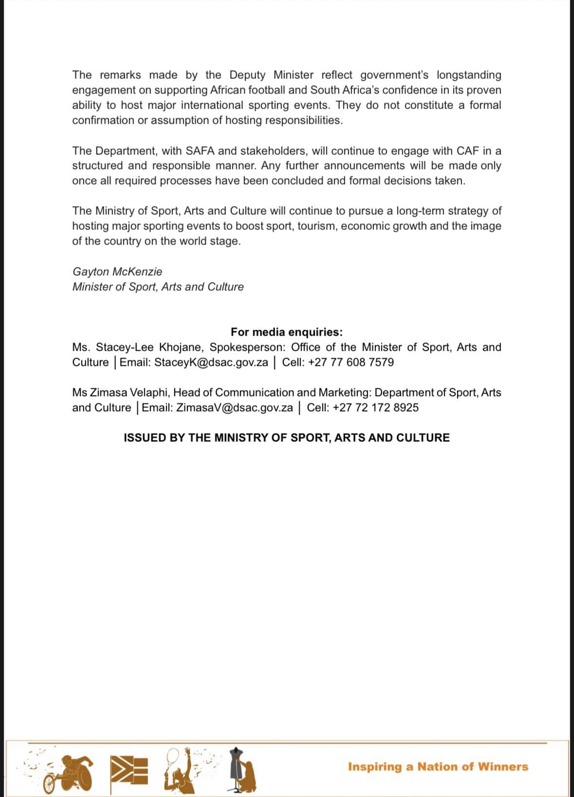 « À ce stade, aucune décision officielle n'a été prise et le Maroc demeure le pays hôte » : Les précisions de l'Afrique du Sud sur un potentiel retrait du Maroc pour l’organisation de la CAN Féminine 2026 - wiwsport « À ce stade, aucune décision officielle n'a été prise et le Maroc demeure le pays hôte » : Les précisions de l'Afrique du Sud sur un potentiel retrait du Maroc pour l’organisation de la CAN Féminine 2026 - wiwsport