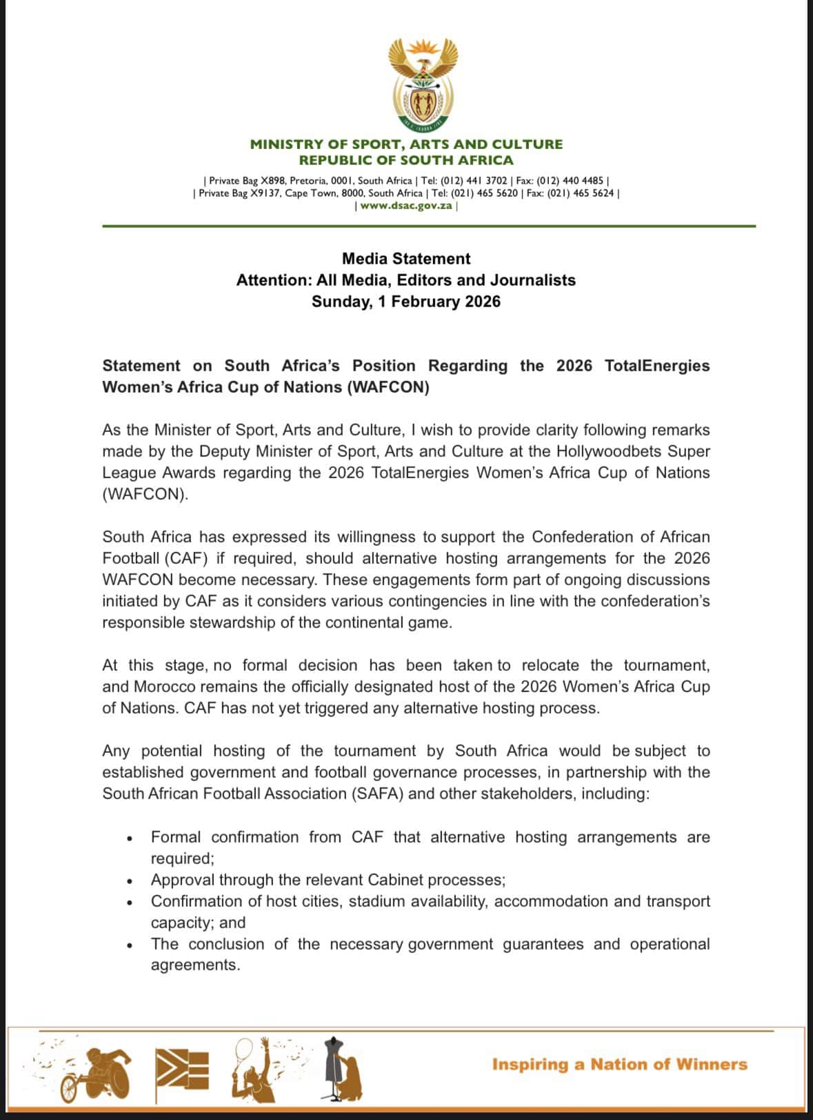 « À ce stade, aucune décision officielle n'a été prise et le Maroc demeure le pays hôte » : Les précisions de l'Afrique du Sud sur un potentiel retrait du Maroc pour l’organisation de la CAN Féminine 2026 - wiwsport « À ce stade, aucune décision officielle n'a été prise et le Maroc demeure le pays hôte » : Les précisions de l'Afrique du Sud sur un potentiel retrait du Maroc pour l’organisation de la CAN Féminine 2026 - wiwsport