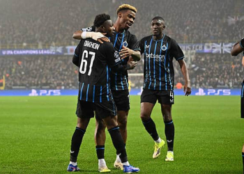 BRUGES, BELGIUM - JANUARY 28: Mamadou Diakhon (67) of Club Brugge celebrates with Raphael Onyedika (15) of Club Brugge and Joel Ordonez (4) of Club Brugge  after scoring the 1-0 goal during the UEFA Champions League 2025/26 League Phase MD8 match between Club Brugge KV and Olympique de Marseille at Jan Breydelstadion on January 28, 2026 in Bruges, Belgium. (Photo by Isosport/MB Media/Getty Images)