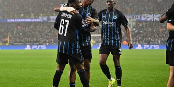 BRUGES, BELGIUM - JANUARY 28: Mamadou Diakhon (67) of Club Brugge celebrates with Raphael Onyedika (15) of Club Brugge and Joel Ordonez (4) of Club Brugge  after scoring the 1-0 goal during the UEFA Champions League 2025/26 League Phase MD8 match between Club Brugge KV and Olympique de Marseille at Jan Breydelstadion on January 28, 2026 in Bruges, Belgium. (Photo by Isosport/MB Media/Getty Images)