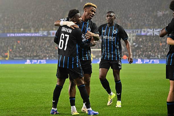 BRUGES, BELGIUM - JANUARY 28: Mamadou Diakhon (67) of Club Brugge celebrates with Raphael Onyedika (15) of Club Brugge and Joel Ordonez (4) of Club Brugge  after scoring the 1-0 goal during the UEFA Champions League 2025/26 League Phase MD8 match between Club Brugge KV and Olympique de Marseille at Jan Breydelstadion on January 28, 2026 in Bruges, Belgium. (Photo by Isosport/MB Media/Getty Images)