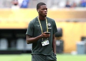 EAST RUTHERFORD, NEW JERSEY - JULY 13: Mamadou Sarr #19 of Chelsea FC inspects the pitch prior to the FIFA Club World Cup 2025 Final match between Chelsea FC and Paris Saint-Germain at MetLife Stadium on July 13, 2025 in East Rutherford, New Jersey. (Photo by Elsa - FIFA/FIFA via Getty Images)