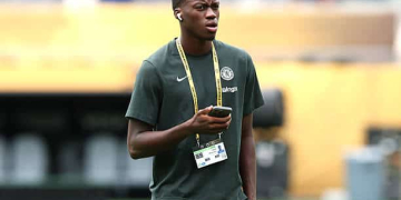 EAST RUTHERFORD, NEW JERSEY - JULY 13: Mamadou Sarr #19 of Chelsea FC inspects the pitch prior to the FIFA Club World Cup 2025 Final match between Chelsea FC and Paris Saint-Germain at MetLife Stadium on July 13, 2025 in East Rutherford, New Jersey. (Photo by Elsa - FIFA/FIFA via Getty Images)