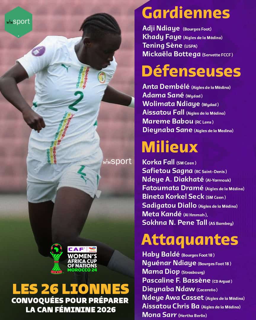 Equipe Nationale féminine : 26 Lionnes convoquées pour préparer la CAN avec Mickaëla Bottega et Mona Sarr, mais sans Hapsatou Malado Diallo - wiwsport Equipe Nationale féminine : 26 Lionnes convoquées pour préparer la CAN avec Mickaëla Bottega et Mona Sarr, mais sans Hapsatou Malado Diallo - wiwsport