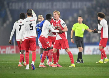 Denis ZAKARIA of Monaco , Julio ENCISO of RC Strasbourg , Lamine CAMARA of Monaco Mika BIERETH of AS Monaco during French Cup match between Strasbourg and Monaco at Stade de la Meinau on February 5, 2026 in Strasbourg, France. (Photo by Kevin Clement/Icon Sport via Getty Images)