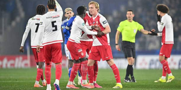 Denis ZAKARIA of Monaco , Julio ENCISO of RC Strasbourg , Lamine CAMARA of Monaco Mika BIERETH of AS Monaco during French Cup match between Strasbourg and Monaco at Stade de la Meinau on February 5, 2026 in Strasbourg, France. (Photo by Kevin Clement/Icon Sport via Getty Images)