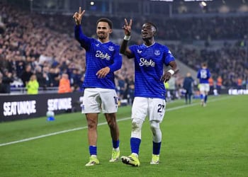 LIVERPOOL, ENGLAND - MARCH 21: Iliman Ndiaye of Everton (L) celebrates with Idrissa Gueye of Everton after scoring their 3rd goal during the Premier League match between Everton and Chelsea at Hill Dickinson Stadium on March 21, 2026 in Liverpool, United Kingdom. (Photo by Simon Stacpoole/Offside/Offside via Getty Images)
