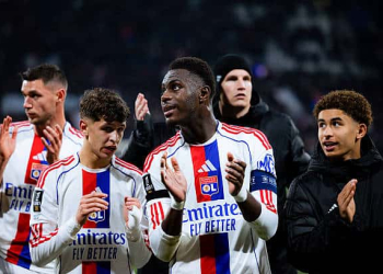 Moussa NIAKHATE of Lyon celebrates during the Ligue 1 McDonald's match between Lyon and Nice at Groupama Stadium on February 15, 2026 in Lyon, France. (Photo by Pauline Figuet/Icon Sport via Getty Images)