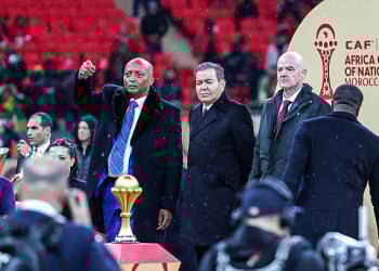 Rabat, Morocco - January 18: CAF President Patrice Motsepe and FIFA president Gianni Infantino during the Africa Cup Of Nations Final match between Senegal and Morocco at Prince Moulay Abdellah Stadium on January 18, 2026 in Rabat, Morocco. (Photo by Torbjorn Tande/DeFodi Images/DeFodi via Getty Images)