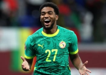 Soccer Football - CAF Africa Cup of Nations - Morocco 2025 - Round of 16 - Senegal v Sudan - Tangier Grand Stadium, Tangier, Morocco - January 3, 2026 Senegal's Ibrahim Mbaye celebrates scoring their third goal REUTERS/Amr Abdallah Dalsh