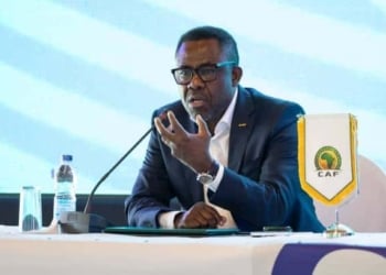 CAF General Secretary Veron Mosengo-Omba speaks during the Confederation of African Football (CAF) and VISA partnership announcement in Abidjan on October 11, 2023. (Photo by WIKUS DE WET / AFP) (Photo by WIKUS DE WET/AFP via Getty Images)