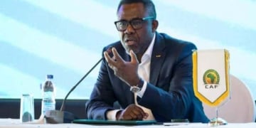 CAF General Secretary Veron Mosengo-Omba speaks during the Confederation of African Football (CAF) and VISA partnership announcement in Abidjan on October 11, 2023. (Photo by WIKUS DE WET / AFP) (Photo by WIKUS DE WET/AFP via Getty Images)