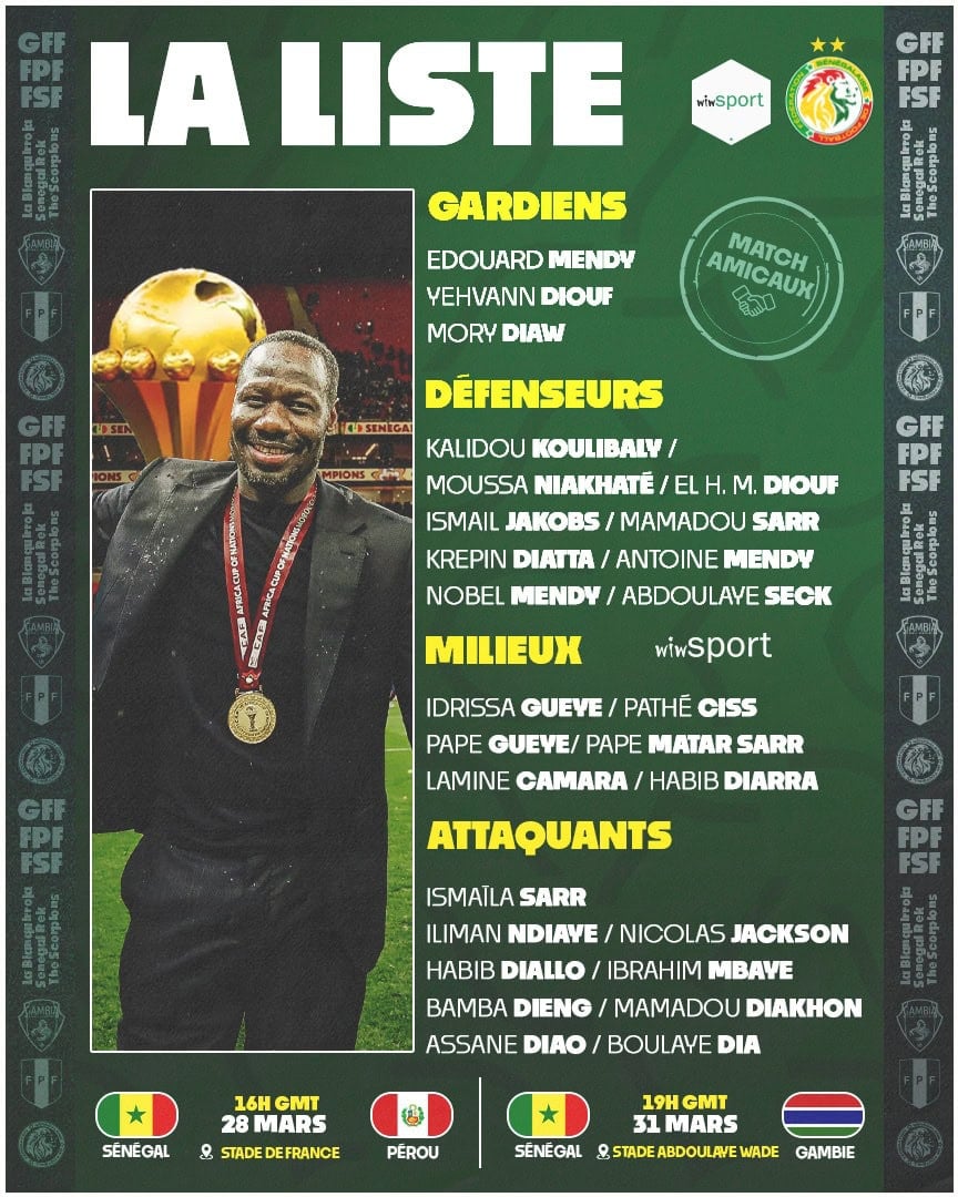 Équipe Nationale - Liste pour le Pérou et la Gambie : Pape Thiaw convoque Nobel Mendy et Mamadou Diakhon, Bamba Dieng et Assane Diao de retour, Sadio Mane absent - wiwsport
