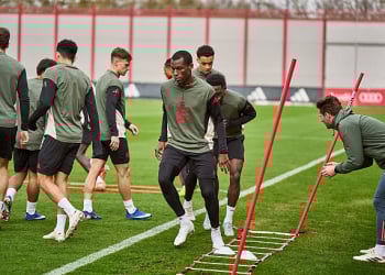 MUNICH, GERMANY - MARCH 09: Nicolas Jackson of FC Bayern Muenchen during a training session at Saebener Straße on March 09, 2026 in Munich, Germany. (Photo by S. Mellar/FC Bayern via Getty Images)