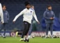 Paris Saint-Germain's French forward #49 Ibrahim Mbaye takes part in a team training session at Stamford Bridge, west London on March 16, 2026, on the eve of their UEFA Champions League, Last 16 second leg football match against Chelsea. (Photo by Toby Shepheard / AFP via Getty Images)