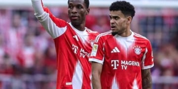 MUNICH, GERMANY - APRIL 19: Nicolas Jackson of FC Bayern Muenchen celebrates with Luis Diaz of FC Bayern Muenchen and Jamal Musiala of FC Bayern Muenchen after scoring his team`s second goal during the Bundesliga match between FC Bayern M?nchen and VfB Stuttgart at Allianz Arena on April 19, 2026 in Munich, Germany. (Photo by Christina Pahnke - sampics/Corbis via Getty Images)