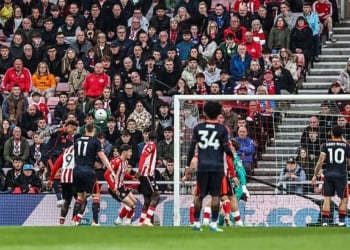 Igor Jesus of Nottingham Forest scores to make it 0-1 during the Premier League match between Sunderland and Nottingham Forest at Stadium Of Light in Sunderland, United Kingdom, on April 24, 2026. (Photo by Alfie Cosgrove/News Images/NurPhoto via Getty Images)
