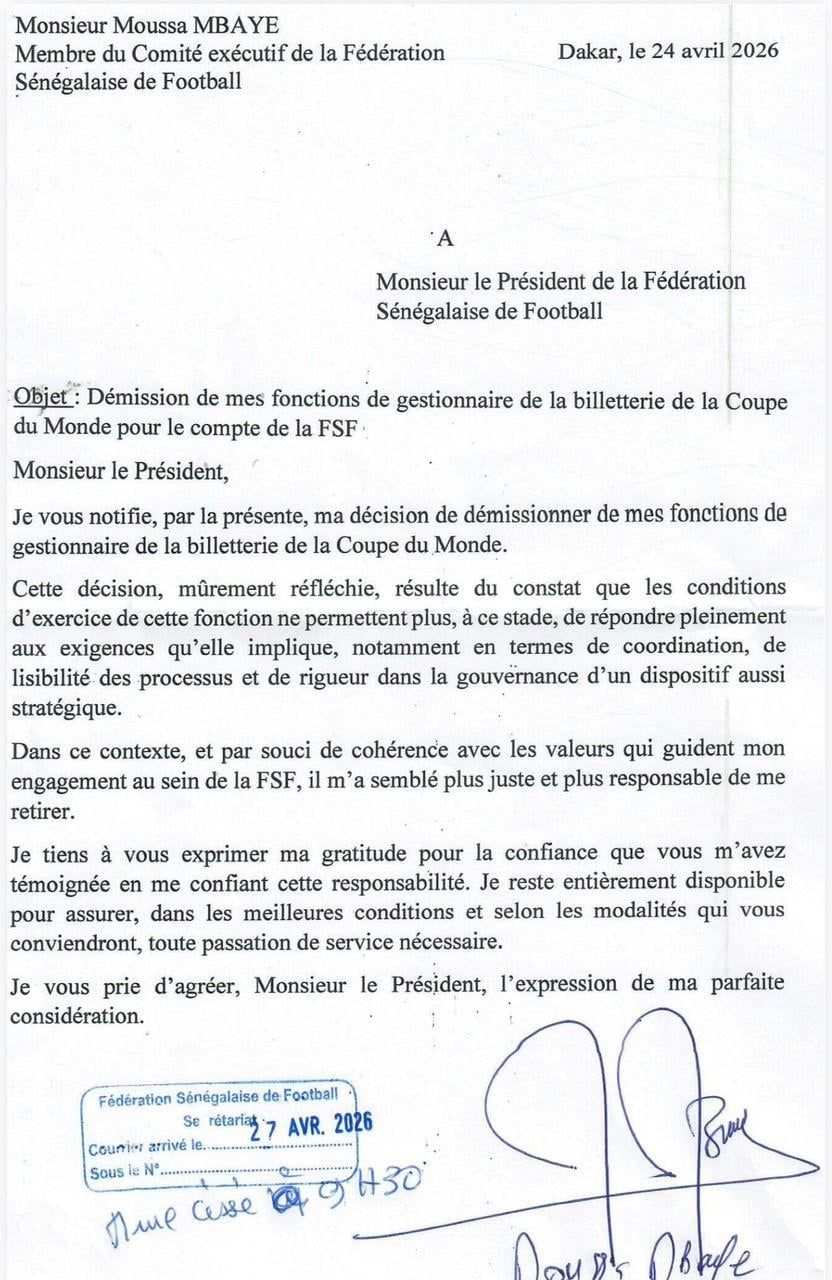 FSF : Moussa Mbaye démissionne de la gestion de la billetterie de la Coupe du monde 2026 : "Par souci de cohérence..." - wiwsport