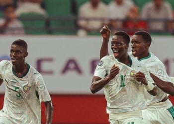 Célébration des lionceaux après le but de Mouhamed Wagne.CP:CAF