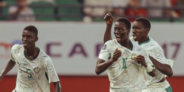Célébration des lionceaux après le but de Mouhamed Wagne face au Maroc .CP:CAF