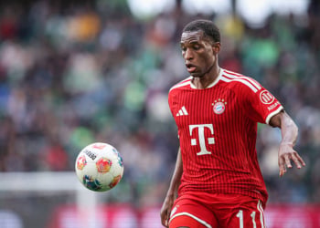 Bayern Munich's Senegalese forward #11 Nicolas Jackson plays the ball during the German first division Bundesliga football match between VfL Wolfsburg and FC Bayern Munich in Wolfsburg, on May 9, 2026. (Photo by Ronny HARTMANN / AFP via Getty Images) / DFL REGULATIONS PROHIBIT ANY USE OF PHOTOGRAPHS AS IMAGE SEQUENCES AND/OR QUASI-VIDEO  ALTERNATIVE CROP