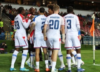 KRAKOW, POLAND - APRIL 30: Ismaila Sarr of Crystal Palace celebrates scoring his team's first goal with teammates during the UEFA Europa Conference League match between FC Shakhtar Donetsk and Crystal Palace FC at Henryk Reyman's Municipal Stadium on April 30, 2026 in Krakow, Poland. (Photo by Claudio Villa/Getty Images)