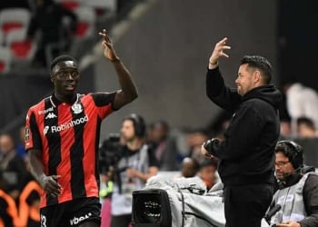 Antoine MENDY of Nice and Pierre SAGE Head Coach of Lens during the Ligue 1 McDonald's match between Nice and Lens at Allianz Riviera on May 2, 2026 in Nice, France. (Photo by Ewen Gavet/Icon Sport via Getty Images)
