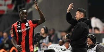 Antoine MENDY of Nice and Pierre SAGE Head Coach of Lens during the Ligue 1 McDonald's match between Nice and Lens at Allianz Riviera on May 2, 2026 in Nice, France. (Photo by Ewen Gavet/Icon Sport via Getty Images)