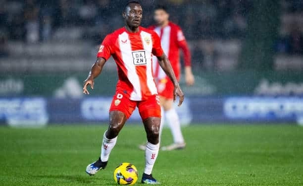 FERROL, SPAIN - DECEMBER 18: Dion Lopy of UD Almería passes the ball during the Liga Hypermotion match between Racing Club de Ferrol and UD Almería at Estadio Municipal de A Malata on December 18, 2024 in Ferrol, Spain. (Photo by Bruno Penas/Quality Sport Images/Getty Images)