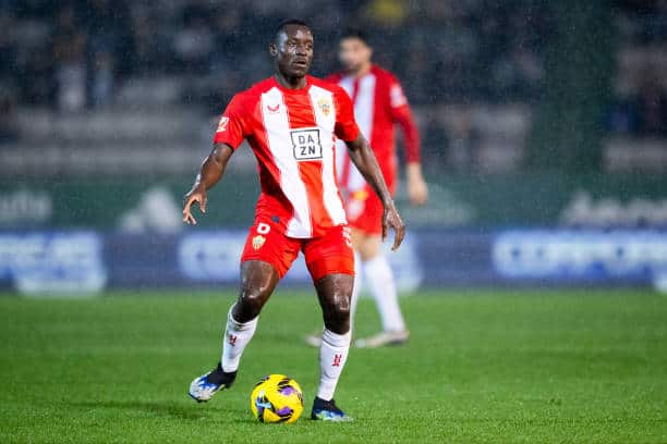 FERROL, SPAIN - DECEMBER 18: Dion Lopy of UD Almería passes the ball during the Liga Hypermotion match between Racing Club de Ferrol and UD Almería at Estadio Municipal de A Malata on December 18, 2024 in Ferrol, Spain. (Photo by Bruno Penas/Quality Sport Images/Getty Images)