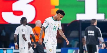 NEW YORK/NEW JERSEY, UNITED STATES - JUNE 22: Ismail Jakobs of Senegal disappointed after 3-1 during the  World Cup match between Norway  v Senegal at the New York/New Jersey Stadium on June 22, 2026 in New York/New Jersey United States (Photo by Jussi Eskola/Soccrates/Getty Images)