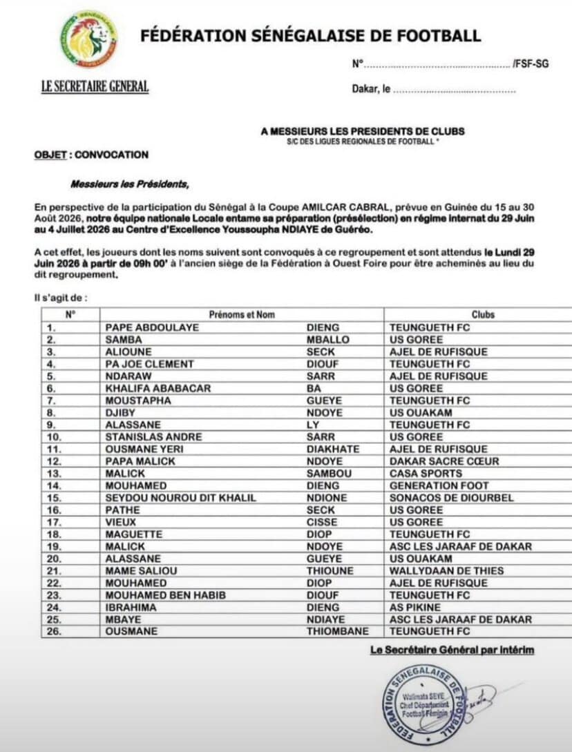 Coupe Amílcar Cabral 2026 : le Sénégal lance sa préparation avec une présélection de 26 joueurs - wiwsport