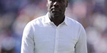 EAST RUTHERFORD, NEW JERSEY - JUNE 16: Pape Thiaw, head coach of Senegal, during the FIFA World Cup 2026 Group I match between France and Senegal at New York New Jersey Stadium on June 16, 2026 in East Rutherford, New Jersey. (Photo by James Gill - Danehouse/Getty Images)