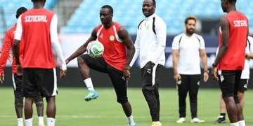 CHARLOTTE, NORTH CAROLINA - MAY 30: (C) Head coach Pape Thiaw of Senegal attends the training session one day ahead of the friendly match between Senegal and United States at Bank of America Stadium on May 30, 2026 in Charlotte, North Carolina. (Photo by Omar Vega/Getty Images)