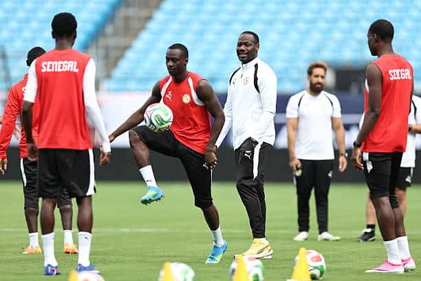 CHARLOTTE, NORTH CAROLINA - MAY 30: (C) Head coach Pape Thiaw of Senegal attends the training session one day ahead of the friendly match between Senegal and United States at Bank of America Stadium on May 30, 2026 in Charlotte, North Carolina. (Photo by Omar Vega/Getty Images)