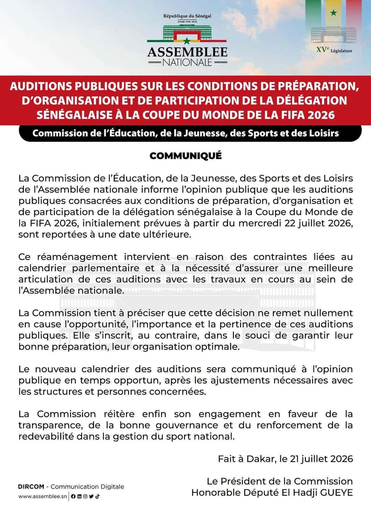 Football - L'Assemblée Nationale annonce le report des auditions sur les conditions de participation du Sénégal à la Coupe du monde - wiwsport Football - L'Assemblée Nationale annonce le report des auditions sur les conditions de participation du Sénégal à la Coupe du monde - wiwsport