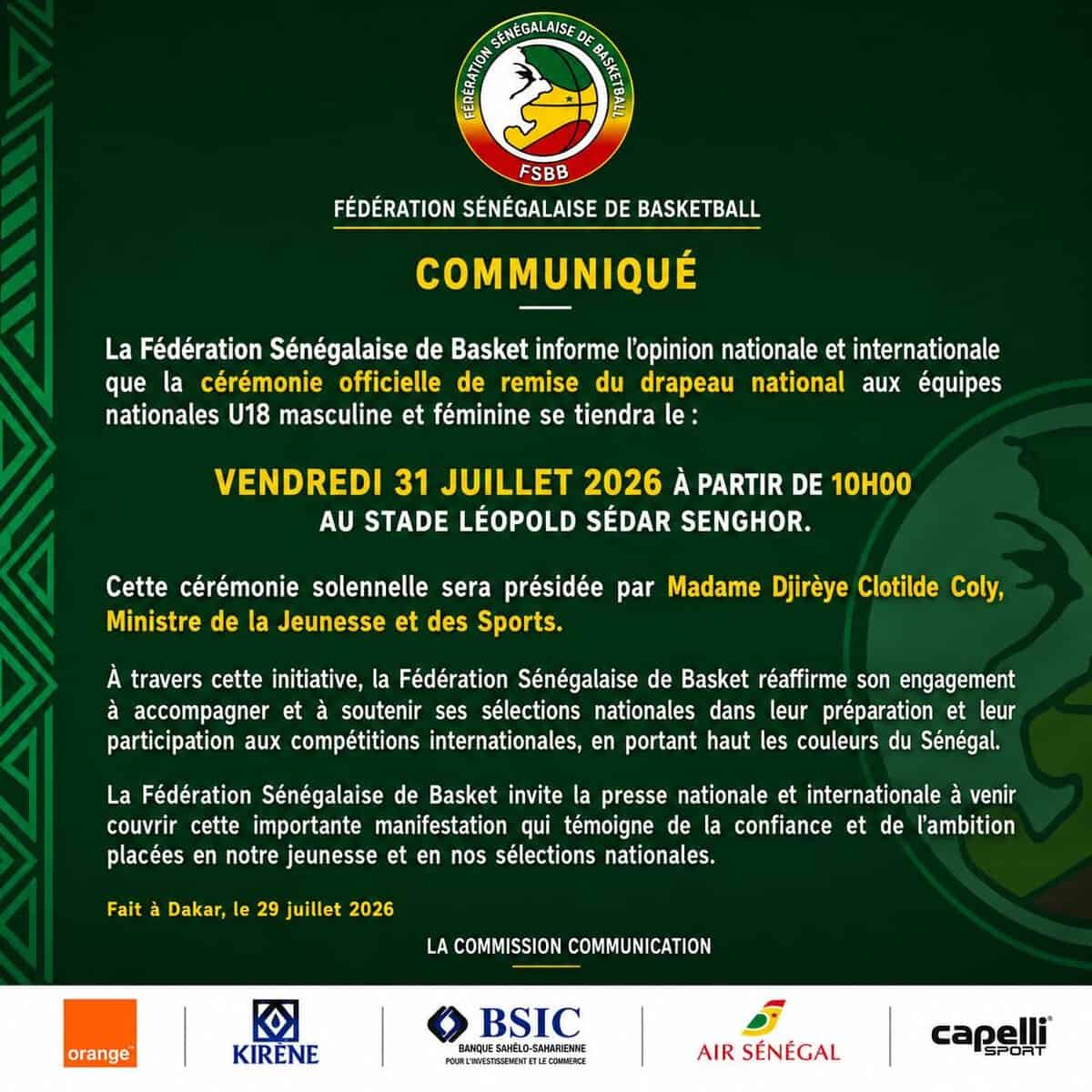 AfroBasket U18 (5 - 16 août) - Les sélections nationales masculine et féminine recevront le drapeau national, ce vendredi - wiwsport AfroBasket U18 (5 - 16 août) - Les sélections nationales masculine et féminine recevront le drapeau national, ce vendredi - wiwsport