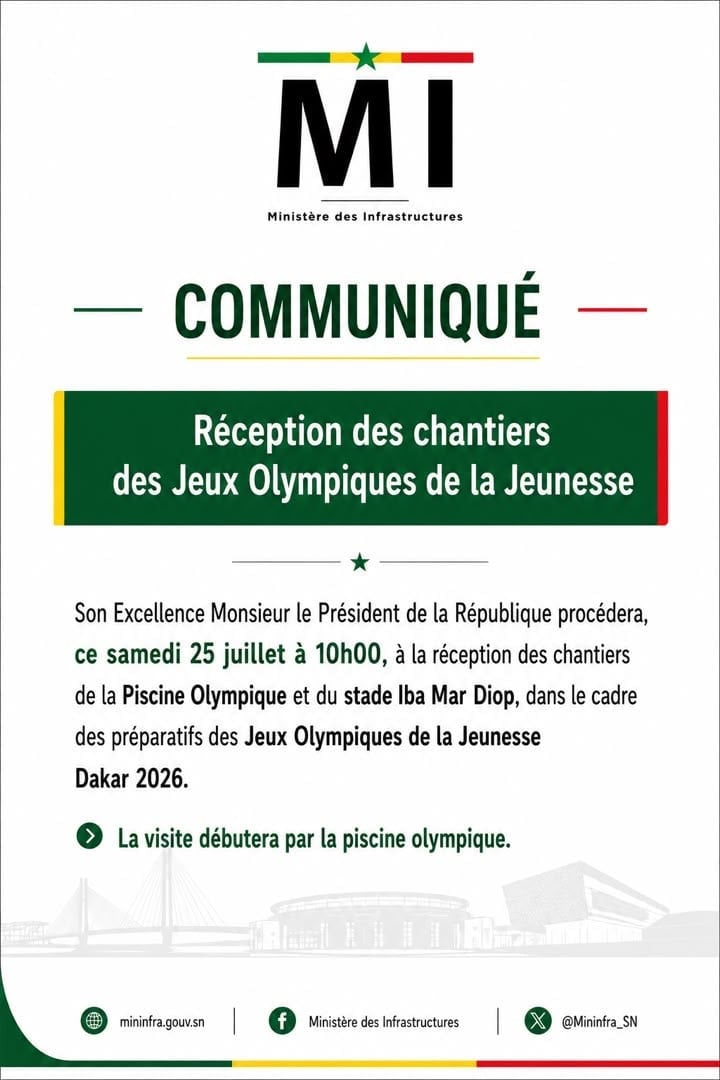 JOJ Dakar 2026 : Le Président de la République procédera à la réception des chantiers de la Piscine Olympique et du Stade Iba Mar Diop, ce samedi - wiwsport JOJ Dakar 2026 : Le Président de la République procédera à la réception des chantiers de la Piscine Olympique et du Stade Iba Mar Diop, ce samedi - wiwsport