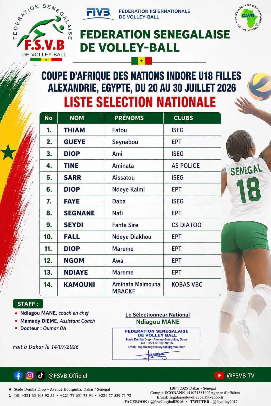 Volleyball : le Sénégal dévoile sa liste pour la CAN U18 féminine - wiwsport Volleyball : le Sénégal dévoile sa liste pour la CAN U18 féminine - wiwsport