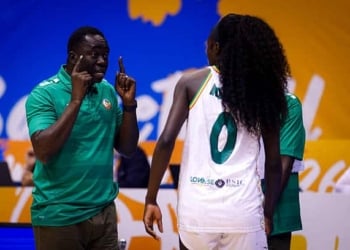 Nene Ndiaye #0 and head coach Cheikh Sarr are present during the game at the 2026 FIBA World Cup Qualifying Tournament between Spain and Senegal in San Juan, Puerto Rico, on March 12, 2026, at Coliseo Jose Miguel Agrelot. (Photo by Edgardo Medina/NurPhoto via Getty Images)