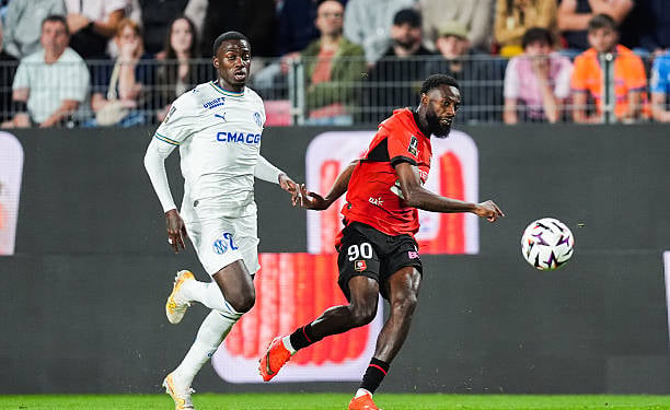 Timothee WEAH of Marseille and Issa SOUMARE of Rennes during the Ligue 1 McDonald's match between Rennes and Marseille at Roazhon Park on September 11, 2026 in Rennes, France. (Photo by Daniel Derajinski/Icon Sport via Getty Images)
