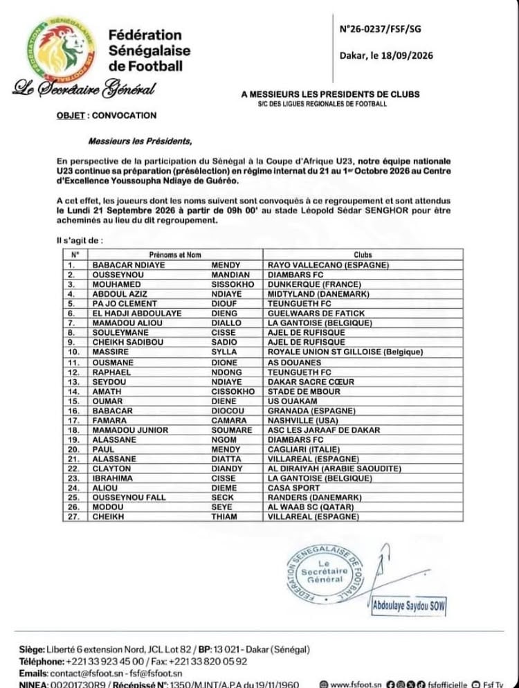 Sénégal U23 : une nouvelle liste élargie avec l'intégration des joueurs évoluant à l'étranger - wiwsport Sénégal U23 : une nouvelle liste élargie avec l'intégration des joueurs évoluant à l'étranger - wiwsport