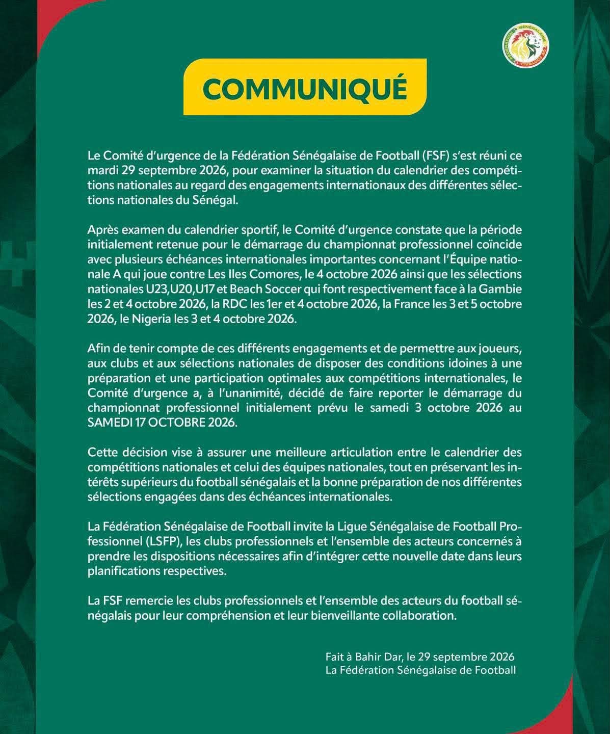Ligue Pro - Initialement prévu pour le 3 octobre, le début de la saison 2026-2027 reporté au 17 octobre prochain - wiwsport